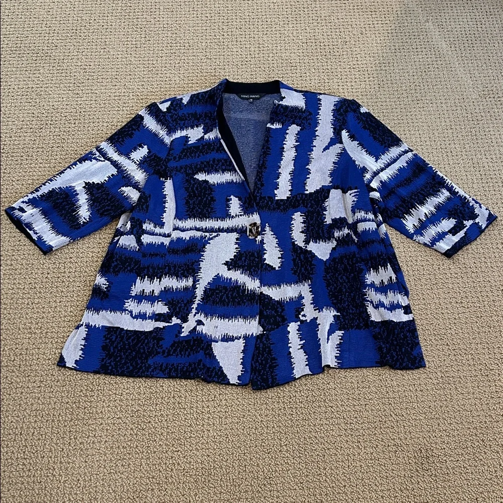 Ming Wang Black Blue Gray Abstract Print Single Button Front Blazer 2X Lagenlook